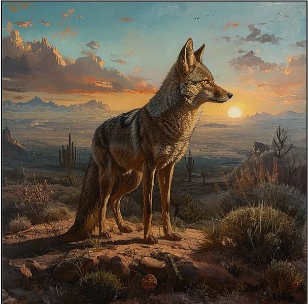 coyote in desert cubist painting, Neo-Cubism, layered overlapping geometry, art deco painting, Dribbble, geometric fauvism, layered geometri...