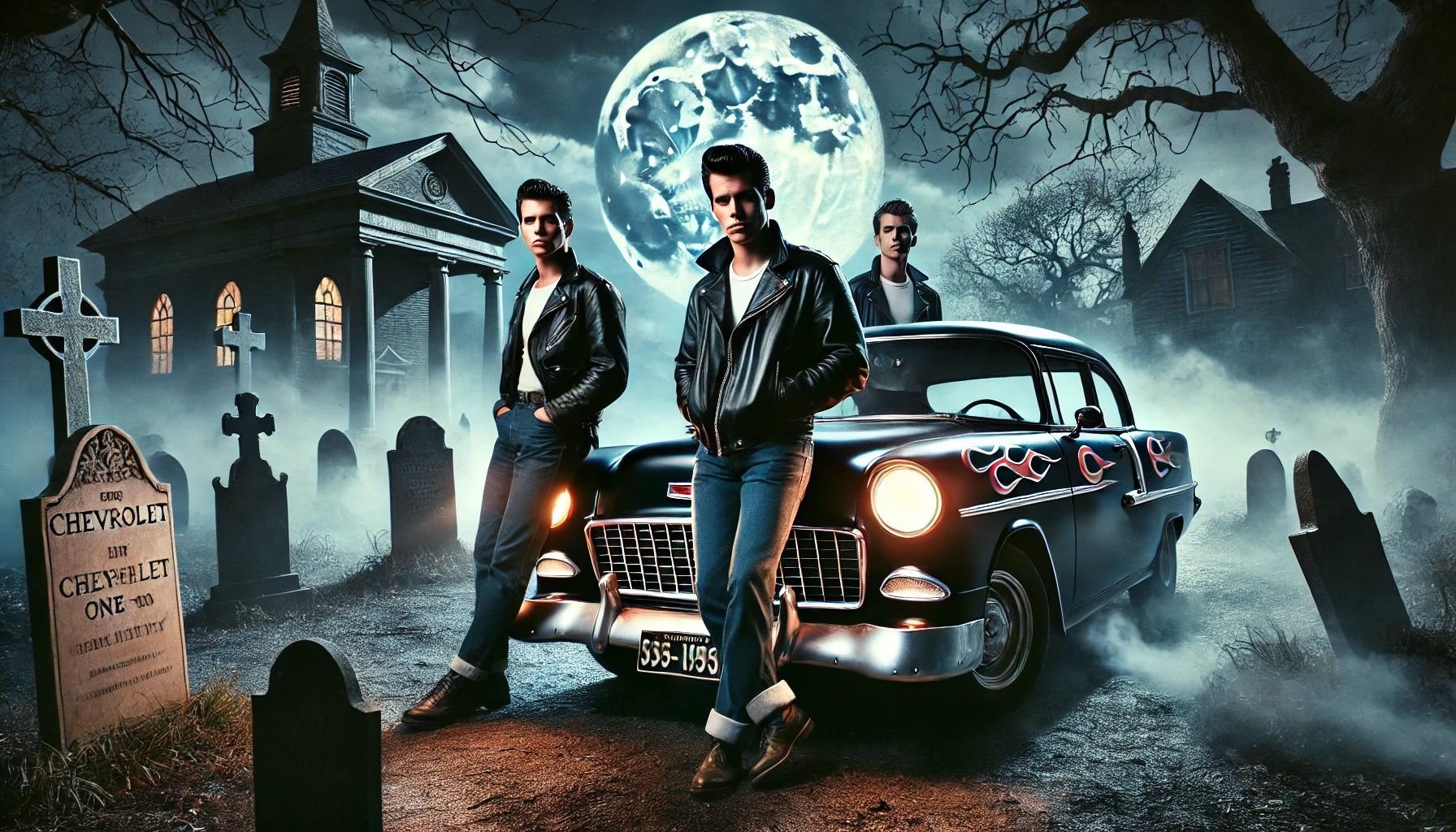 greasers stand and smoking in a spooky, old graveyard at midnight beside a black 1955 Chevrolet One-Fifty Mark Brooks and Dan Mumford, comic...