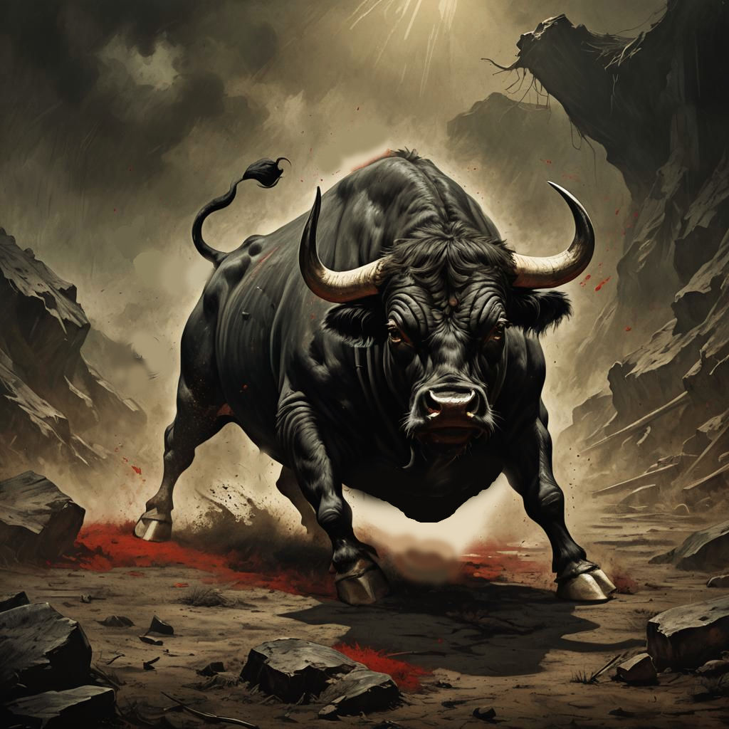 black spanish fight bull angry scrapes the ground with its hoof Mark Brooks and Dan Mumford, comic book art, perfect, smooth 