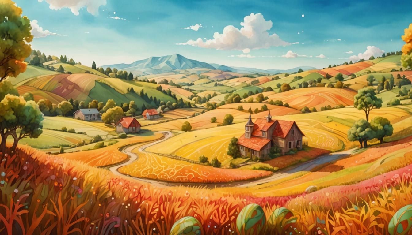 <lora:naive art:1.0> Rural  landscape ,ortodox priest rides donkey ,chickens  . In the background, there are Bulgarian Revival-style houses...