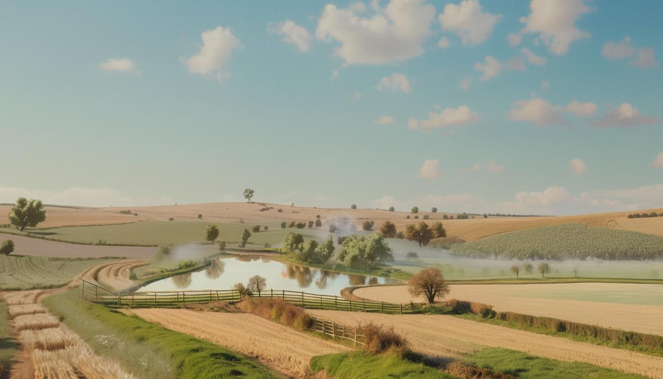 A vast view of agricultural fields, farm,watercolor intricate details, HDR, beautifully shot, hyperrealistic, sharp focus, 64 megapixels, pe...