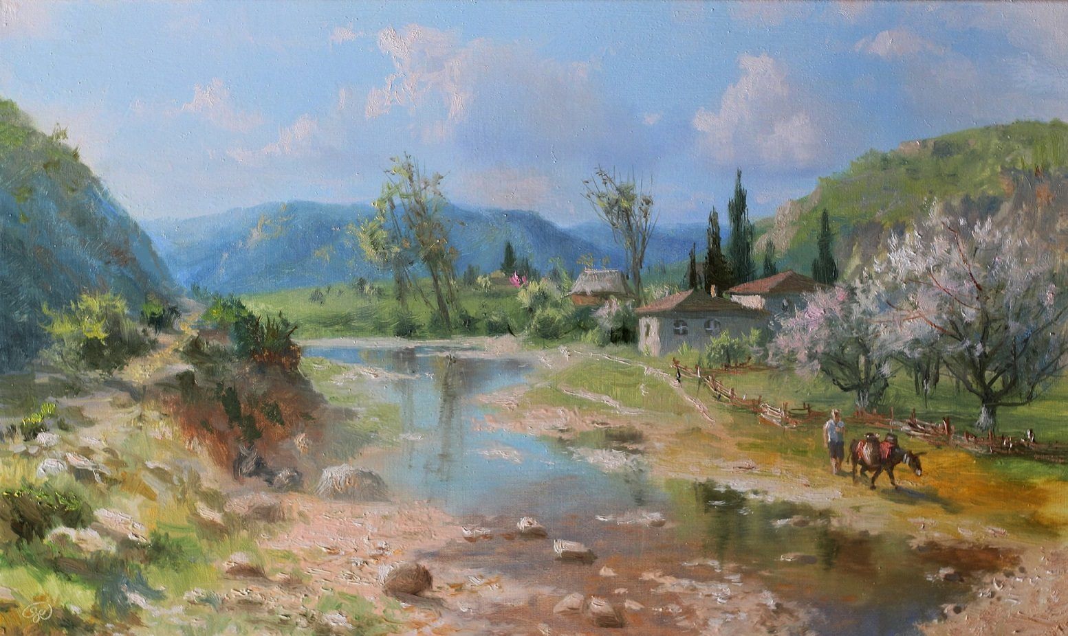 rural landscape childrens swimming in river surrealism Salvador Dali matte background melting oil on canvas