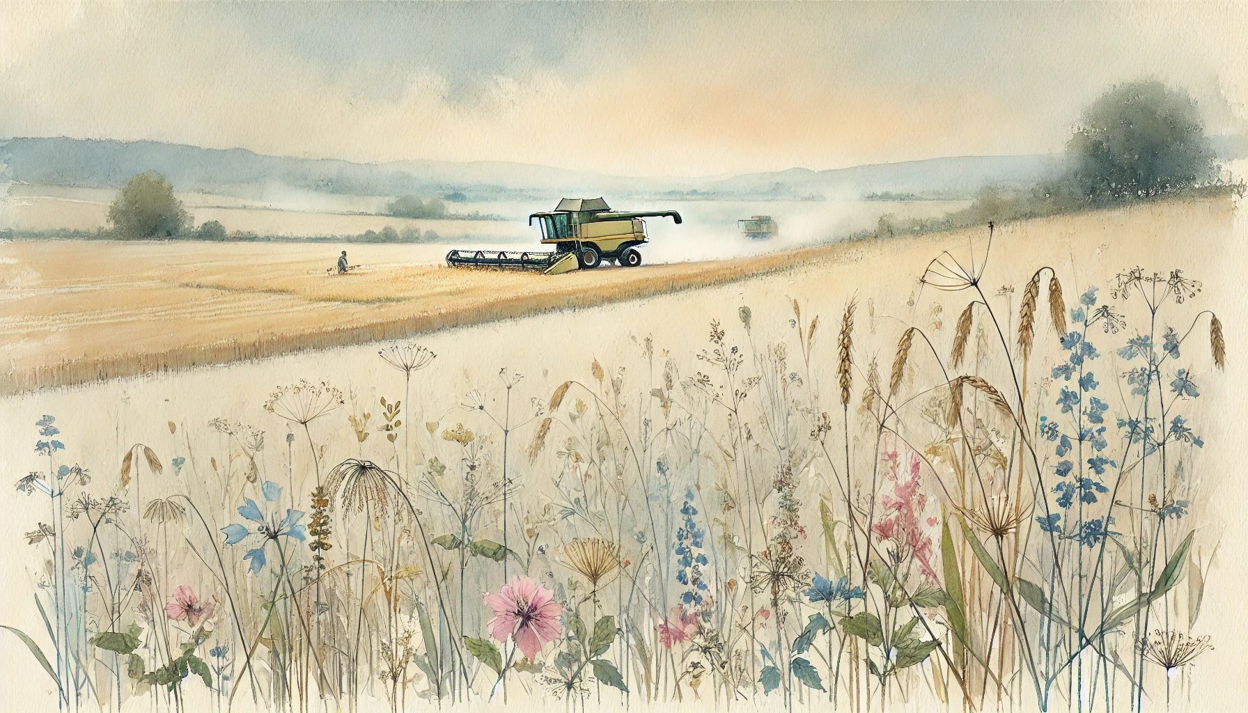 A vast view of agricultural fields, a combine harvester reaps the wheat; in the foreground, wild grasses, flowers,sunflowers and herbs. 3D G...