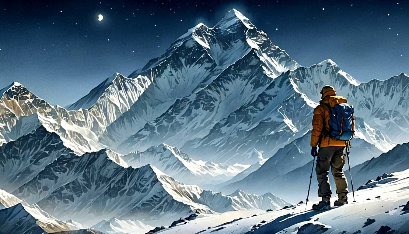 Everest moonlight watercolor Cinematic film still, shot on v-raptor XL, film grain, vignette, color graded, post-processed, cinematic lighti...