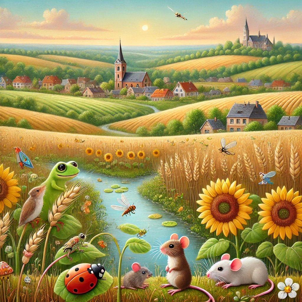 <lora:Cute Vintage flux:1.0> Frog ,mauses ,ladybug playing in pond .Rural landscape sunflowers and wheat fields . 
