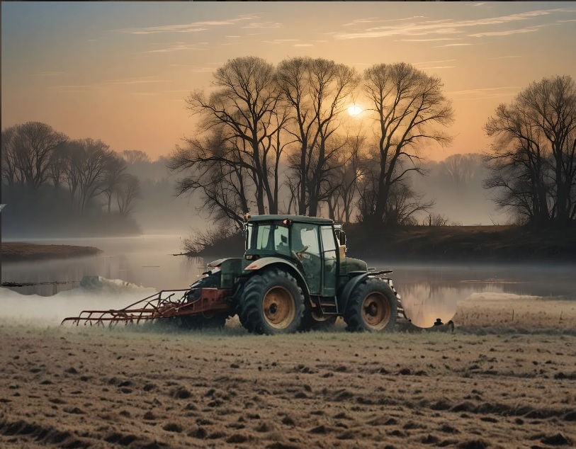 A foggy November morning, a tractor Smoothed plowed field.
 watercolor.birds flying in sky Mark Brooks and Dan Mumford, comic book art, perf...