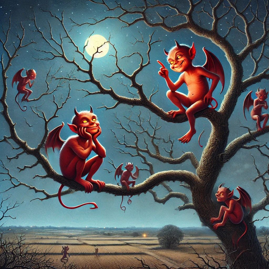 devils with sly yellow eyes  are sitting on a dry tree at midnight, discussing their deeds. In the distance, fields and the lights of a vill...