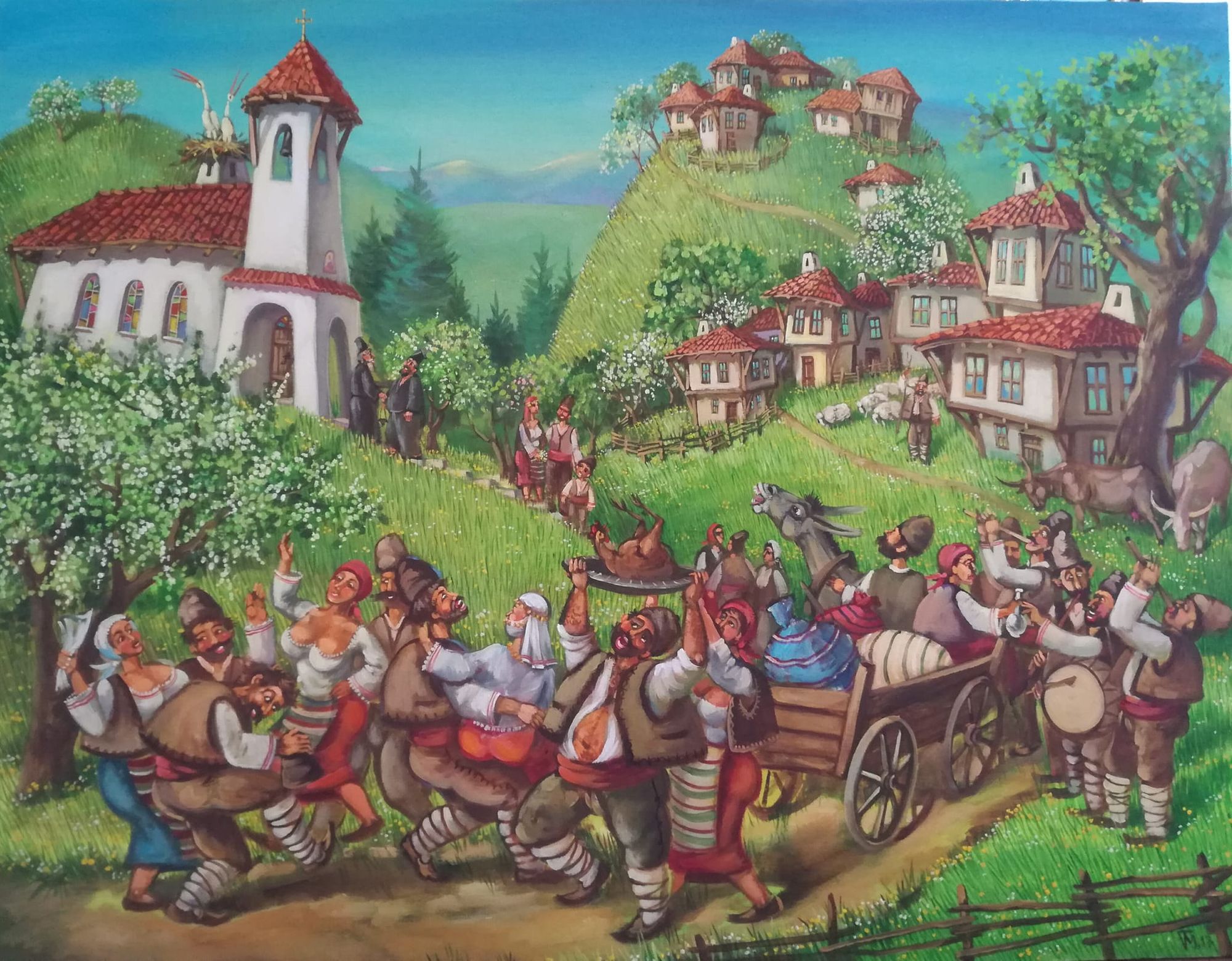 <lora:naive art:1.0> Rural landscape ,villager having fun. In the background, there are Bulgarian Revival-style houses







