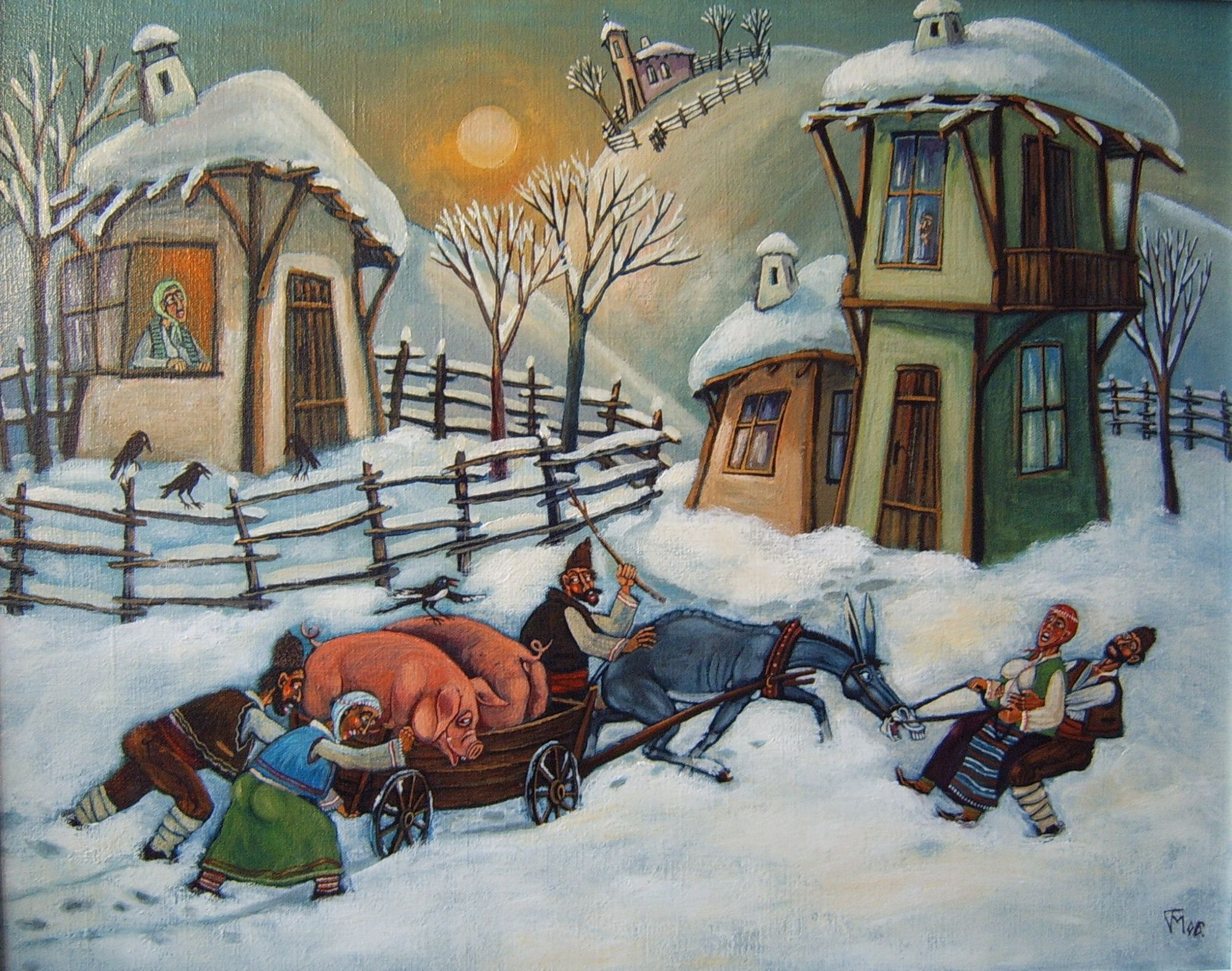 <lora:naive art:1.0>   villagers  during winter. In the background, there are Bulgarian Revival-style houses







