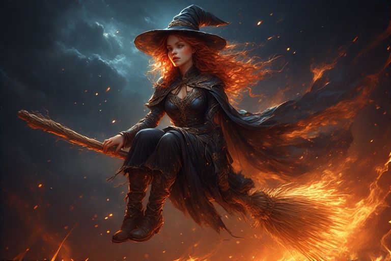 eine Hexe auf ihrem Besen fliegt durch die Nacht