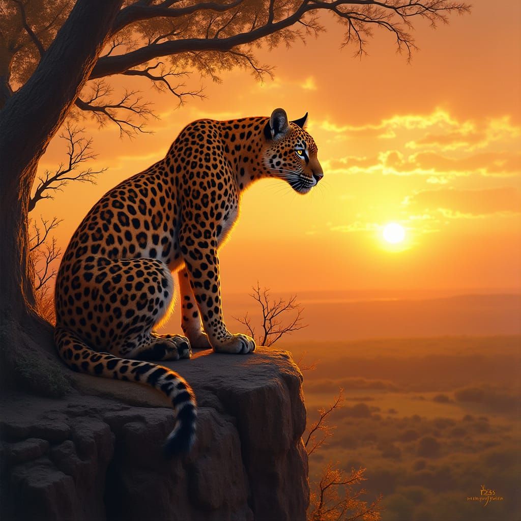 Uma pantera majestoso com uma juba esvoaçante de fogo, em pé, orgulhoso no topo de um penhasco rochoso, com vista para u...