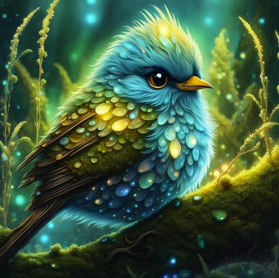 Cute fantasy fluffy bird sitting on a moss covered branch