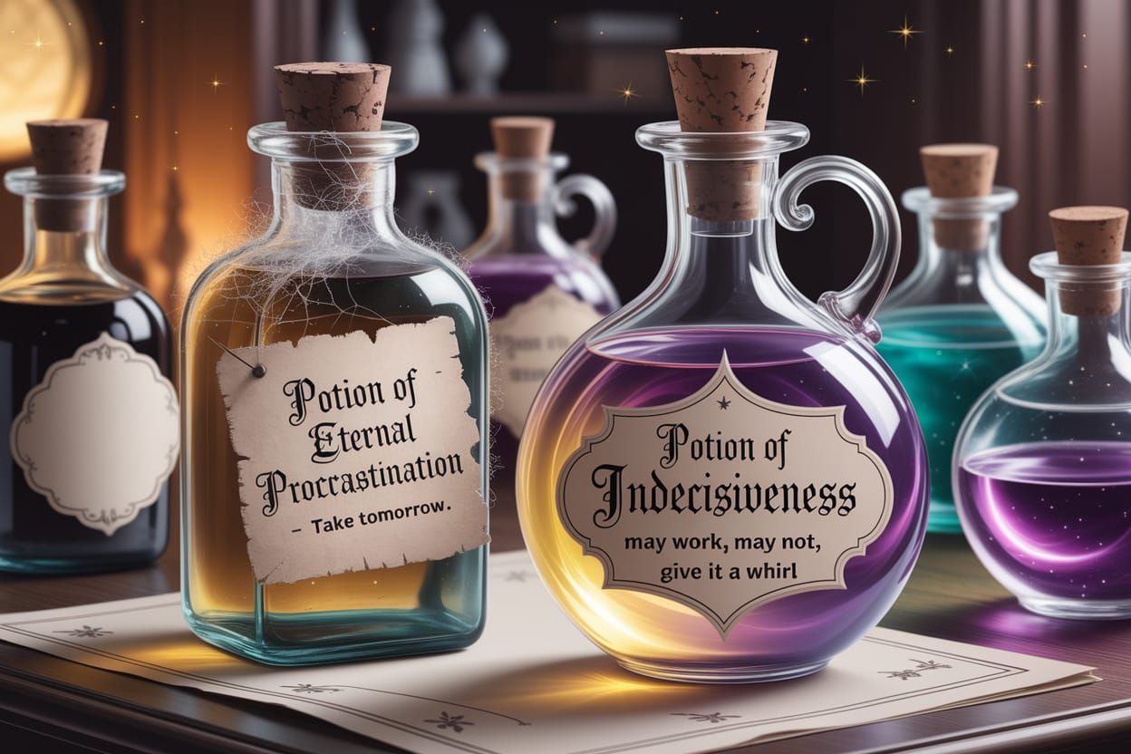 AT A WITCHES & WARLOCKS CONVENTION TWO NEW POTIONS ARE UNVEILED. The labels read: 

Potion of eternal procrastination: take tomorrow 

& 

P...