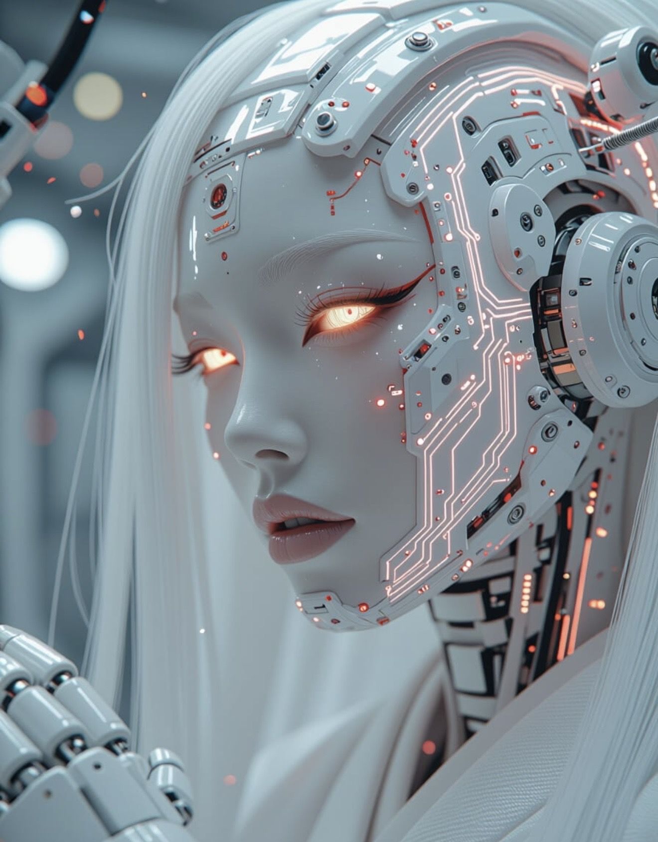 A seamless cinematic trilogy in one continuous motion: a crystalline humanoid floating in deep space reaches toward a ra...