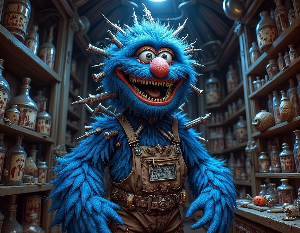 A hyper-realistic Elmo, Cookie Monster from Sesame Street  