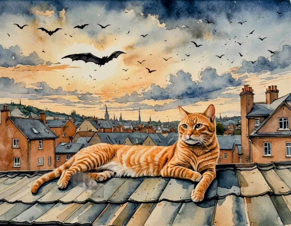 Orange tabby lying on roof, watching bats