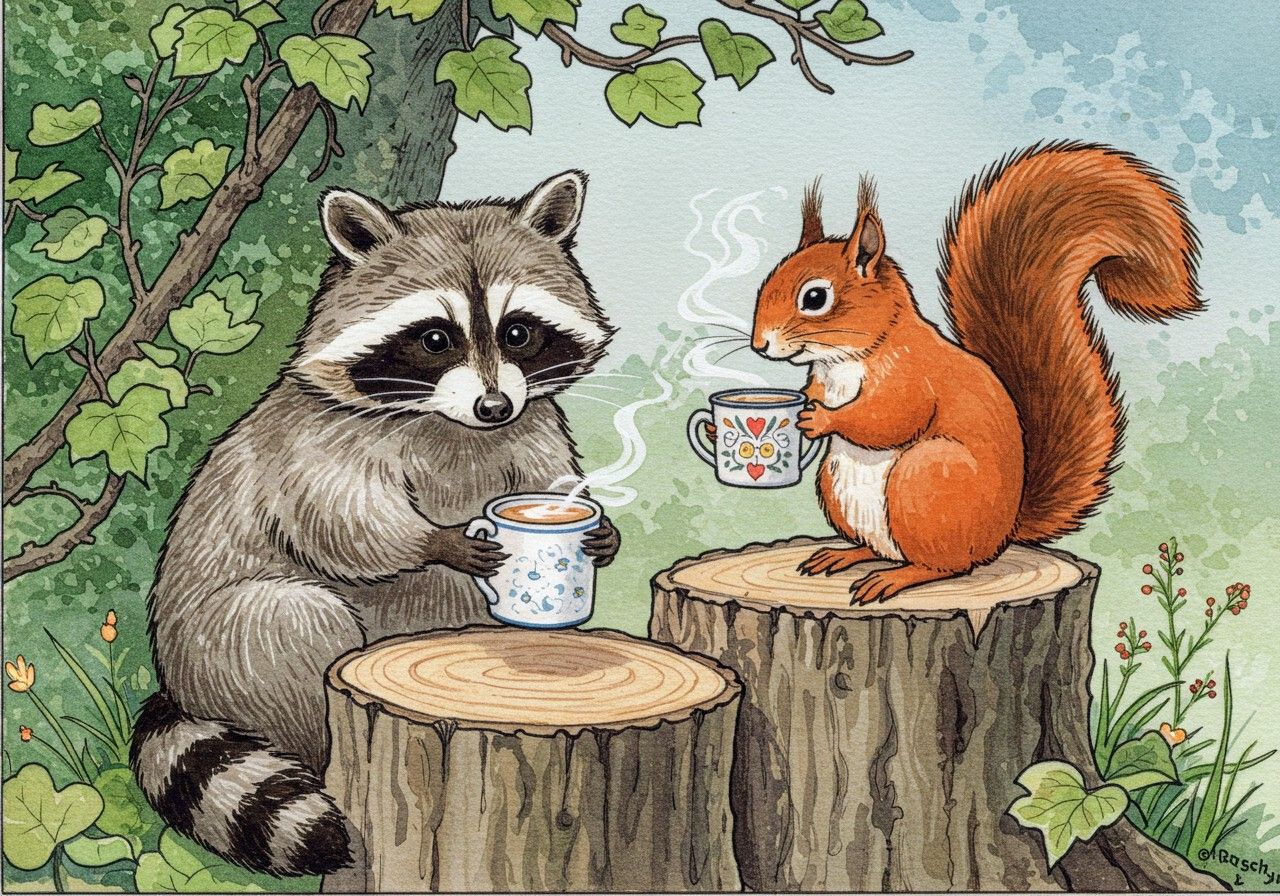 Raccoon and Squirrel sharing tea 