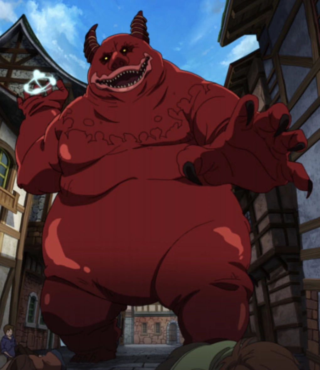 Epic confrontation scene in a medieval town.
(red fat demon from the reference image::2) stands in the middle of the street, gigantic, round... - Start Image 2
