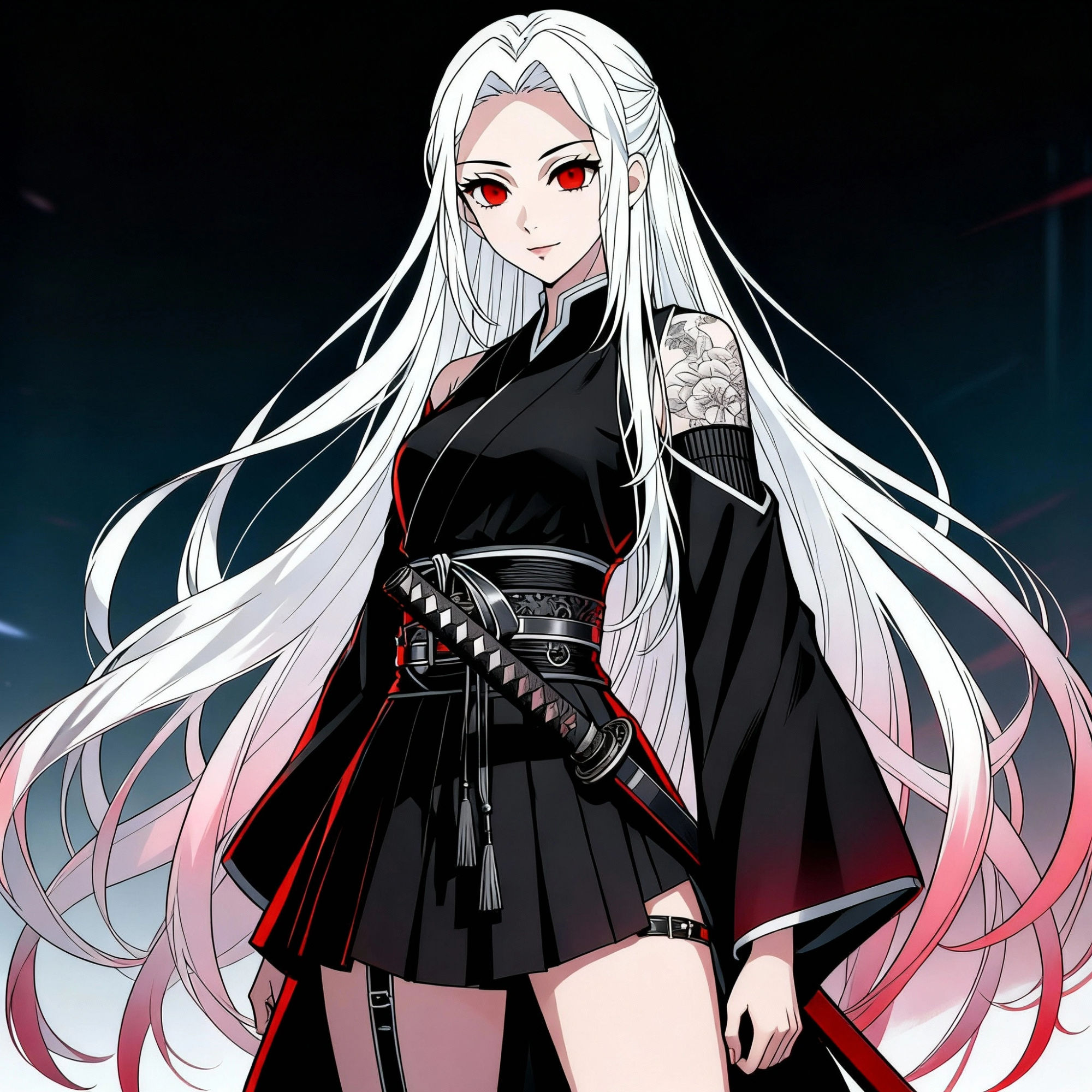 Render the character front-facing, with intense sharp eyes, wearing a white haori (traditional Japanese jacket) over the outfit, and with a ...