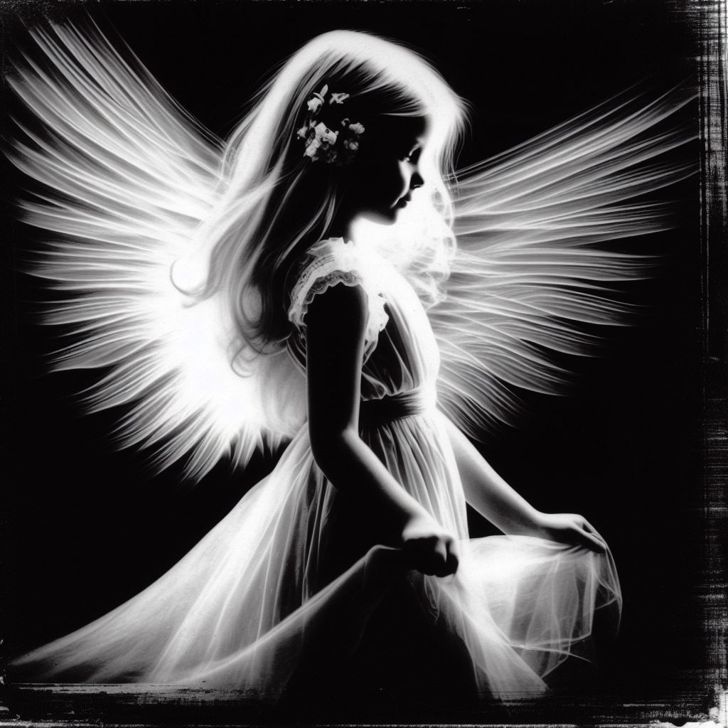 Angel  Kids Crayon drawings ,surreal (child's drawing )of a goth woman, swimming in  blackness, skulls,rose, symbols   rayograph Man Ray col...