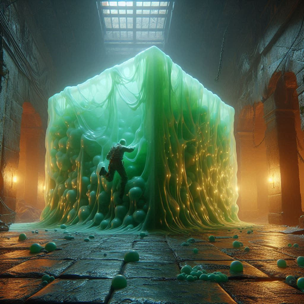 <lora:Fantasy Anime:1.0> <lora:Chivalry:1.0> <lora:Swords-n-Sorcery:1.0> <lora:5EModern:1.0> a (huge cube of pale green jelly). a terrified...