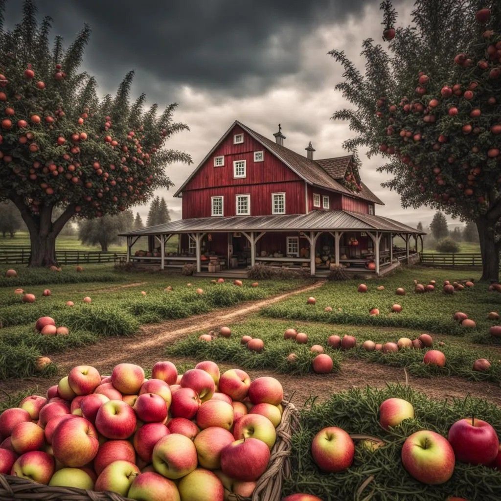 pen and ink rendition of an apple farm