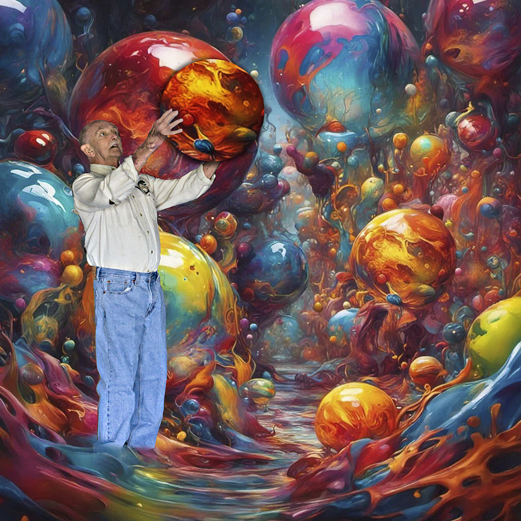 man holding colored sphere