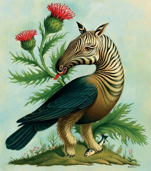 A zebra with the body of a bird