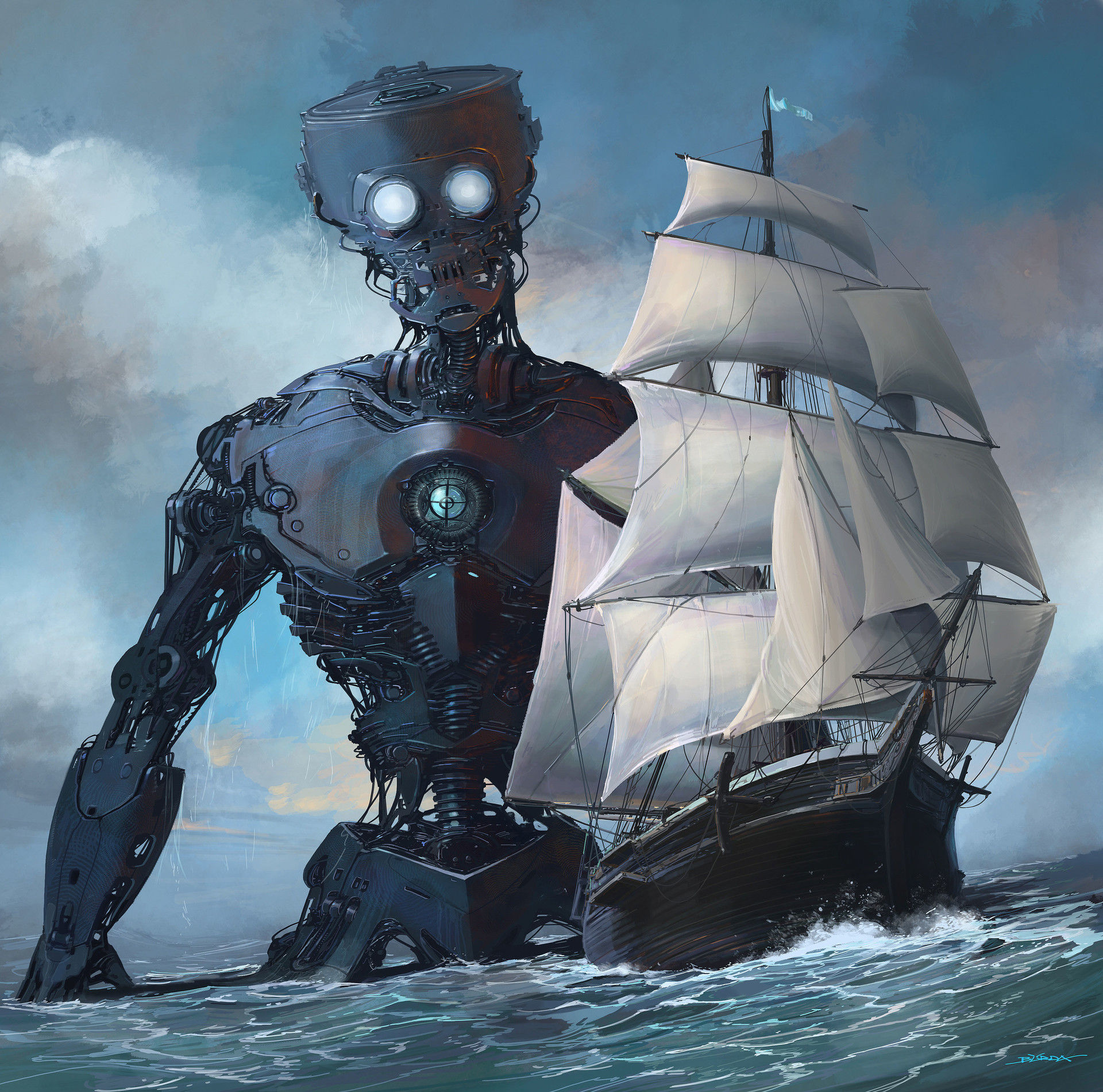“/imagine,’ ” detailed photograph of a robot wading in the ocean after a sailing ship  , deep color, fantastical, intricate detail, splash s...