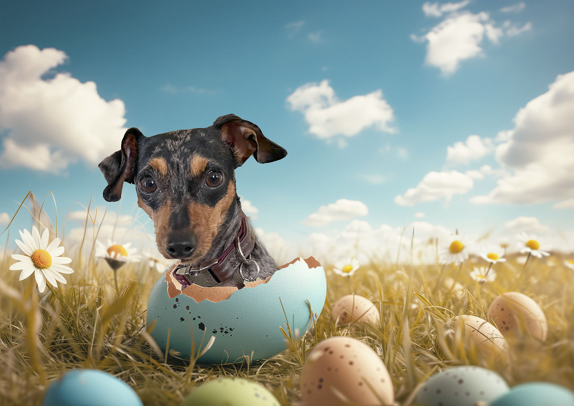 dog coming out of an Easter egg