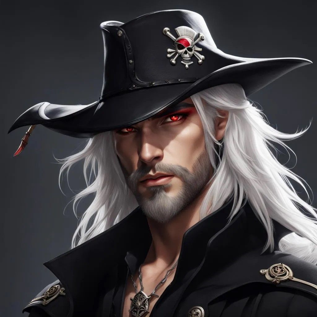 (Half demon with red eyes, white hair, and a scruffy beard wearing a leather stetson and carrying a katana1.5) with surreal background symb...