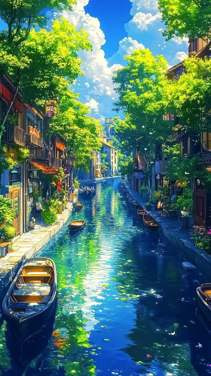 Claude monet style impressjonalistic masterpiece of a  human made canal going through a charming well lit village, at night, stars glowing