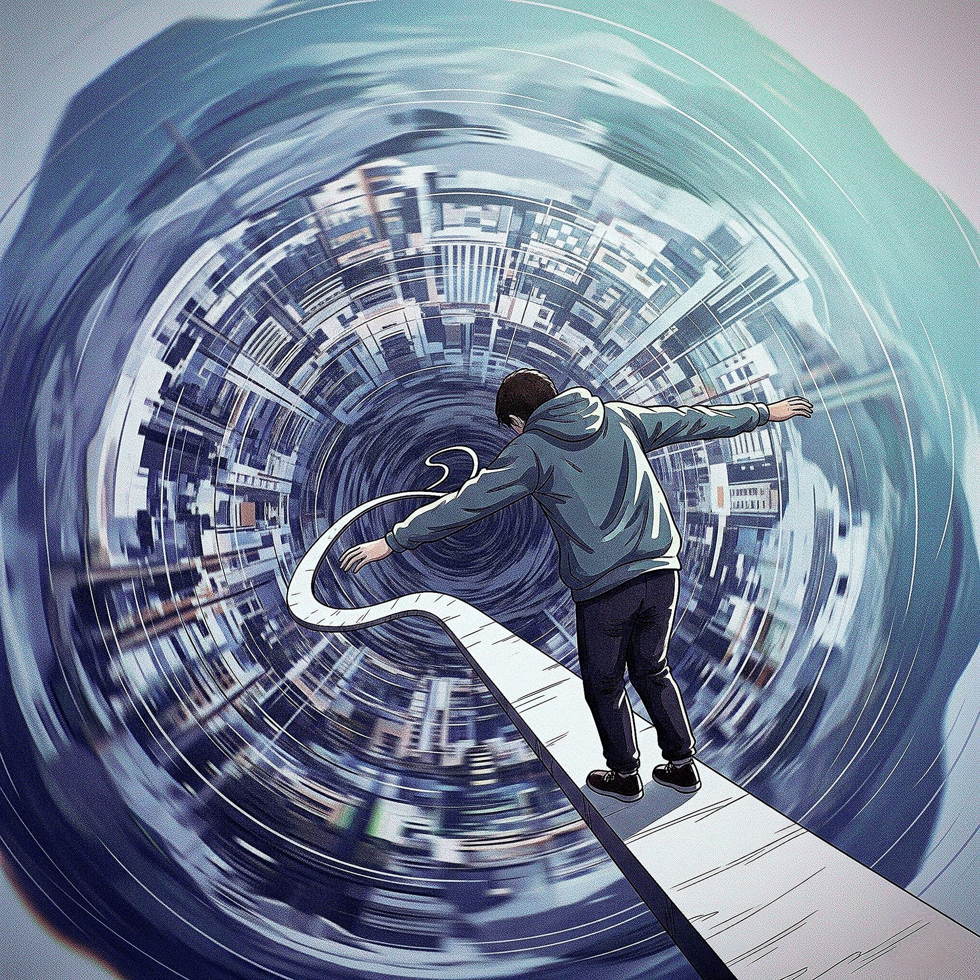 Looking down into an infinite abyss. The perspective is warped and distorted, creating a sense of vertigo,  unease and disorienta...