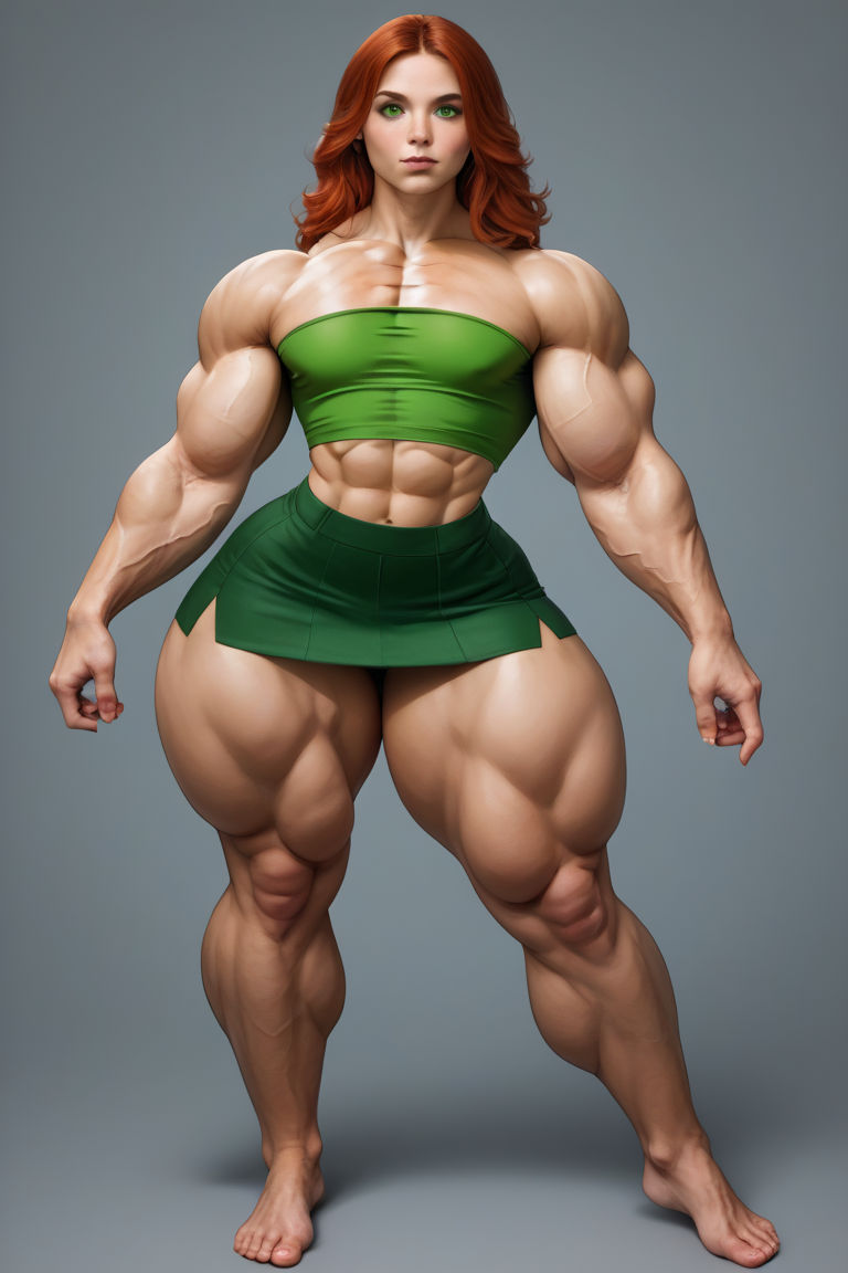 A full length photo of A stunningly beautiful redhead woman, 35 years old, stands confidently with one leg slightly bent. Her ((broad should...