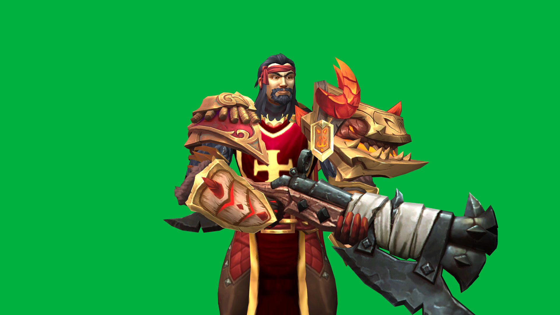A fantasy hunter in cartoon warcraft style in a large port. in more red and gold armor