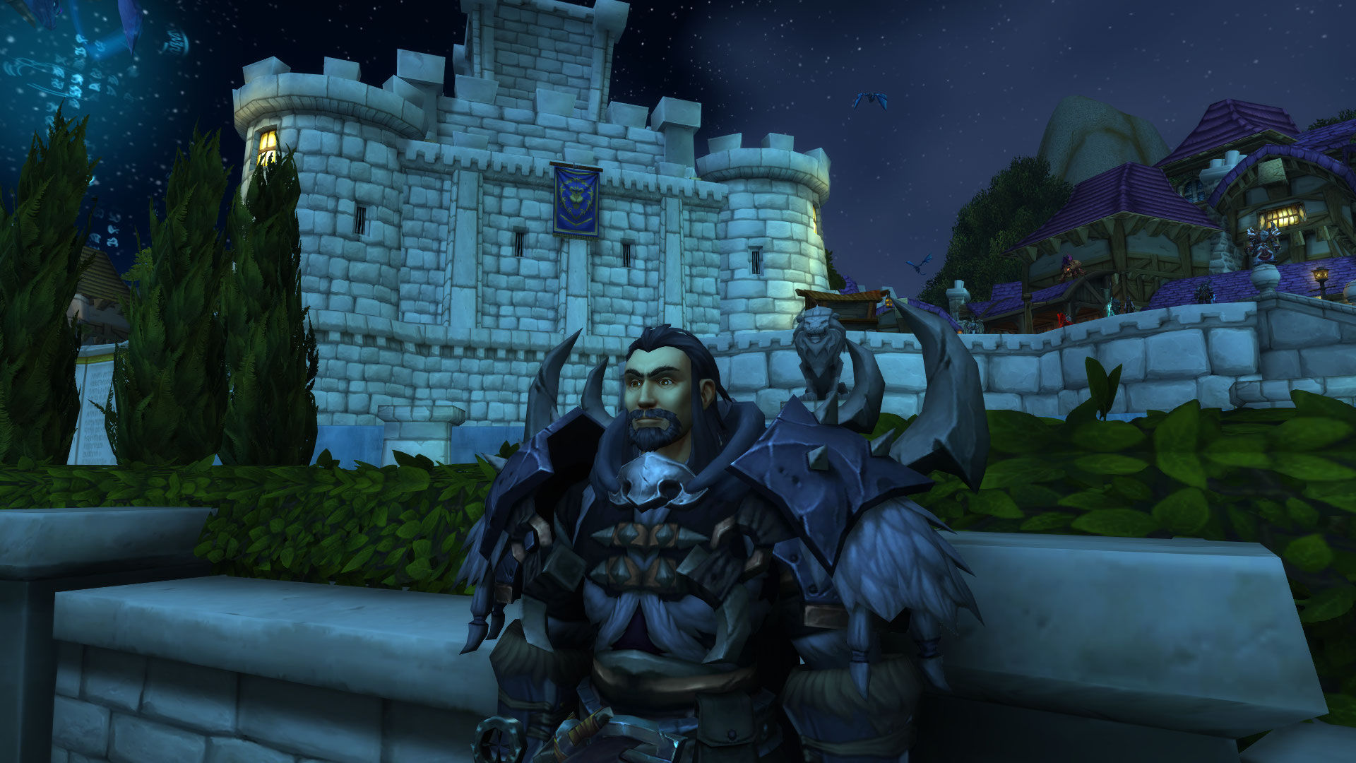 A fantasy hunter in cartoon warcraft style in a new city more grey armor