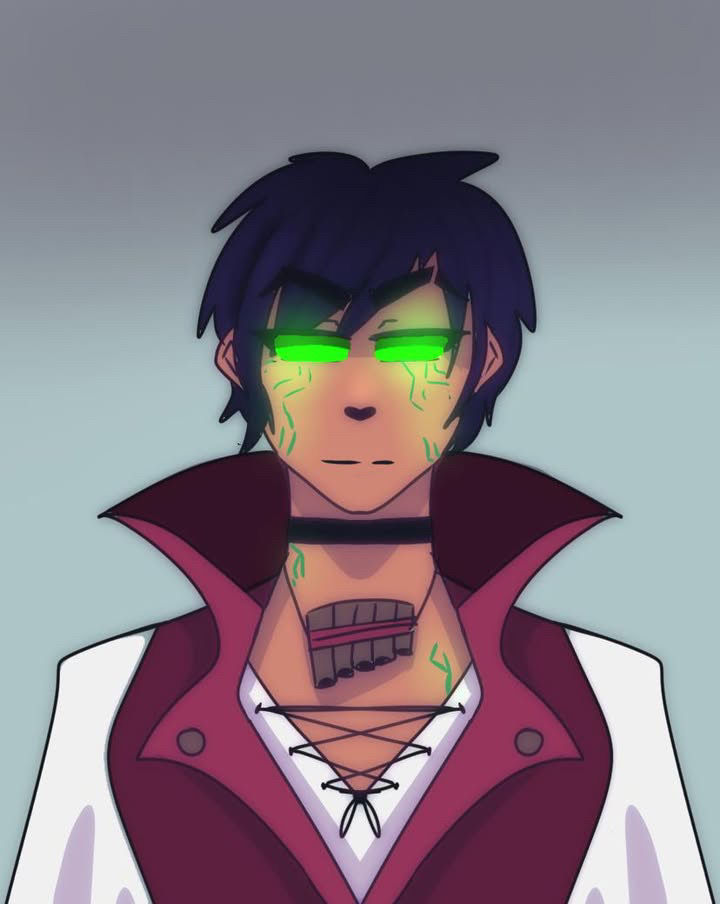 This character drawn in pencil as a sketch add black boned wings and green mist around him as he screams