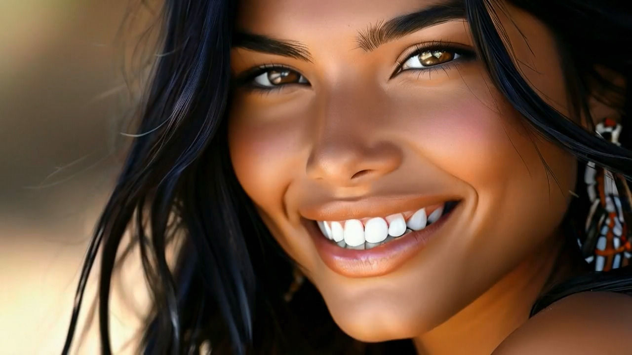 Stunning, flawless, irresistible, beautiful, attractive, Native-American, female with naturally black styled flowing hair, absolutely deligh...