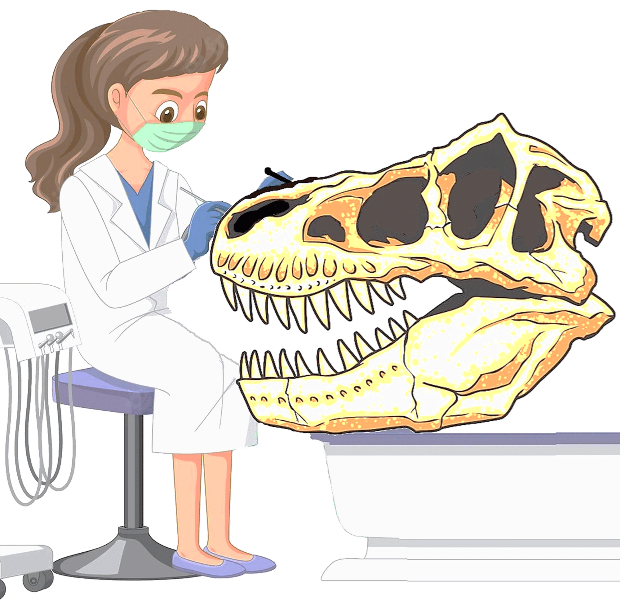 Female scientist preparating a dinosaur skull, comic style. 