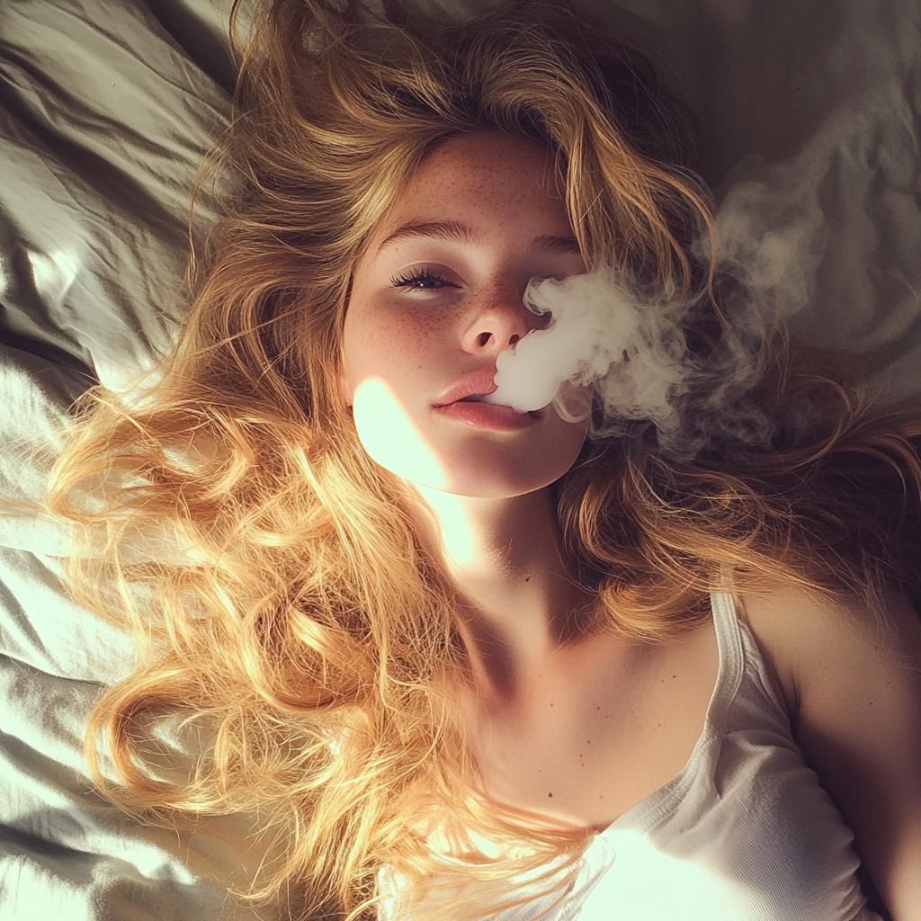 She has just taken a deep drag off her visible cigarette, and is performing an open mouth inhale, wherein she opens her smiling mouth so tha...