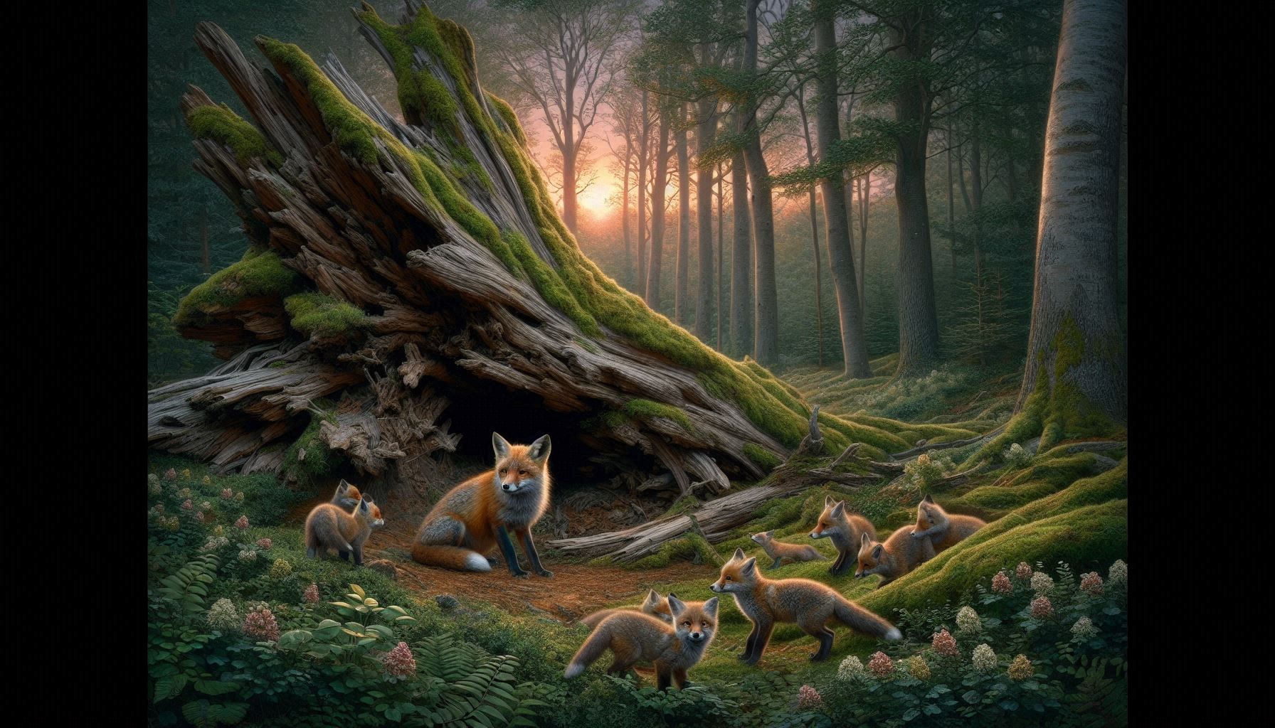 "A realistic scene of a fox family in a tranquil forest at dusk. A large, moss-covered tree has fallen and lies across the forest floor, its...