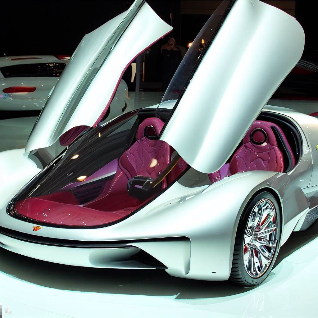 Supercar that is aerodynamic spoilers. It has four seats, only two doors that open upwards in a reverse direction. It is pearl white like th...
