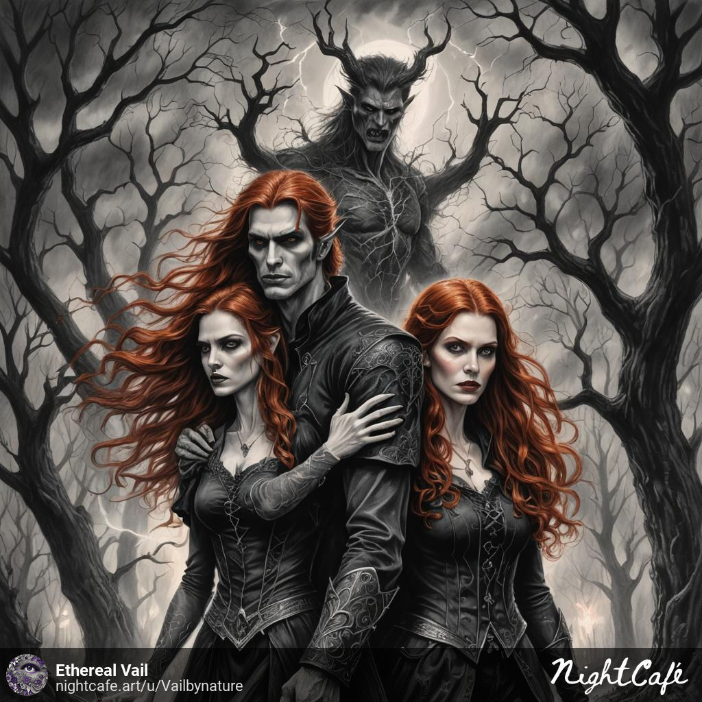 Soulmates, demon and witch female, redhead, brunette vampire male, Sable, trees, magic, lightning. atmospheric, moody. Nancy Drew. Gargoyle....