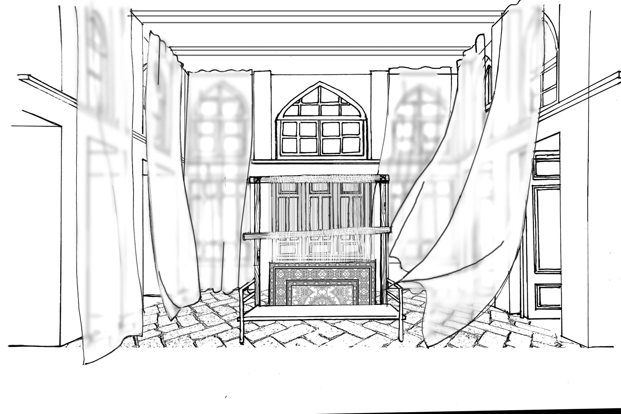 In the traditional old Iranian white house, tall sheer silk fabrics hang from the ceiling and cascade down, gently moving inward with a soft...