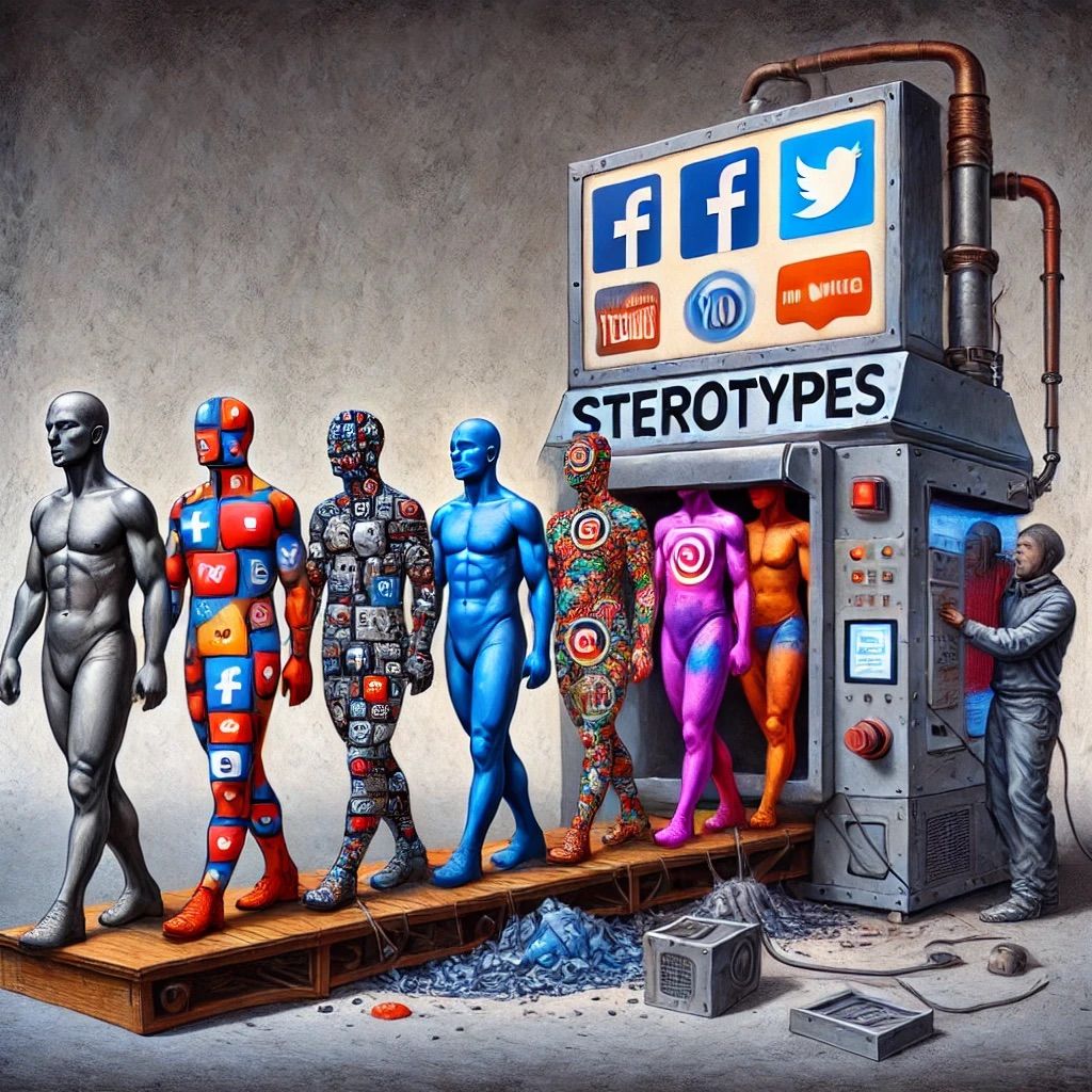 image of a futuristic social media machine inside a factory, where people are lined up on an assembly line. They enter as individuals and ex...