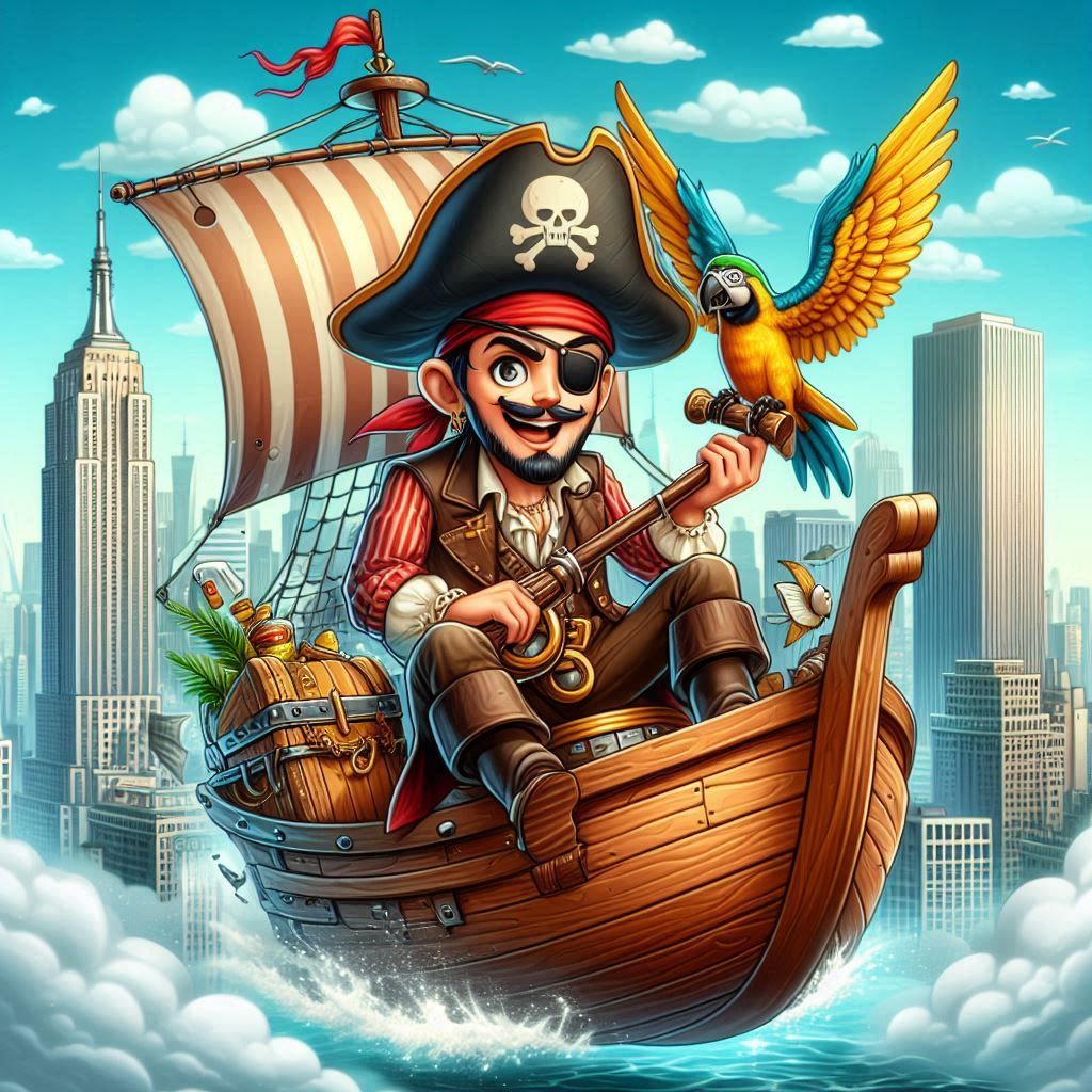 Creative Image of a pirate flying with his ancient boat over mamhattan, intricate details, HDR, beautifully shot, hyperrealistic, sharp focu...