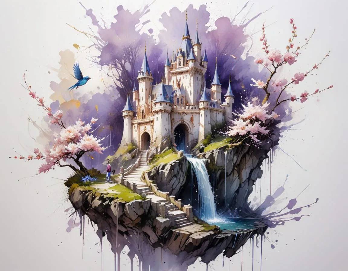 "A magic castle surrounded by a magical blue aura. The castle is on a clifftop; stairs lead up to the castle."