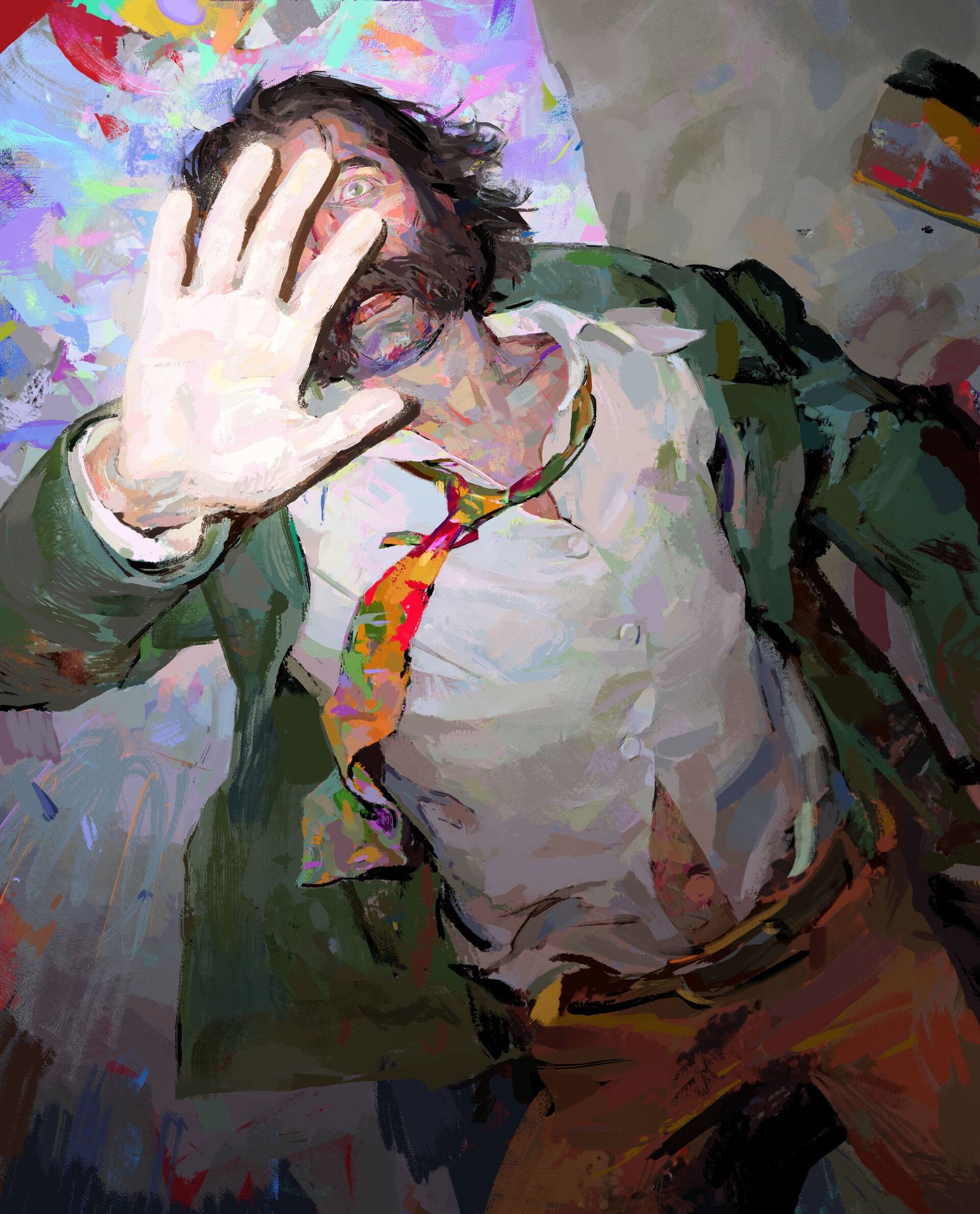 A guy with scruffy brown hair and a brown beard turning into a squid