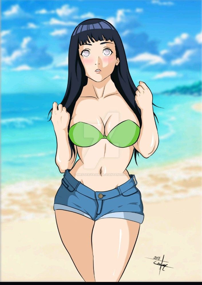 A powerful and muscular version of Hinata Hyuga from the Naruto anime, wearing her traditional ninja outfit but with added muscle definition...
