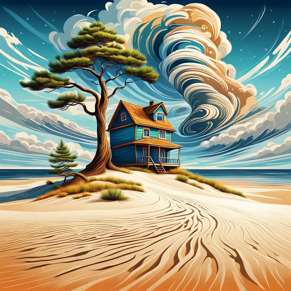 Expressionist oil painting. White laundry swaying on the clothesline.  Blue morning glory, climbing along a fence.  Textured. Rough paint st...